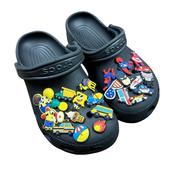 CROCS Black Clogs with Disney Pixar Marvel Batman Jibblets - Size M 6 / W 8 - Picture 2 of 12